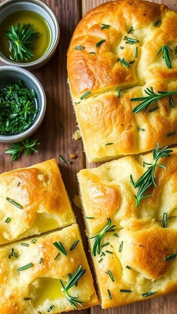 Keto Focaccia Bread Recipe Keto focaccia bread topped with rosemary and olive oil, cut into squares on a wooden table.